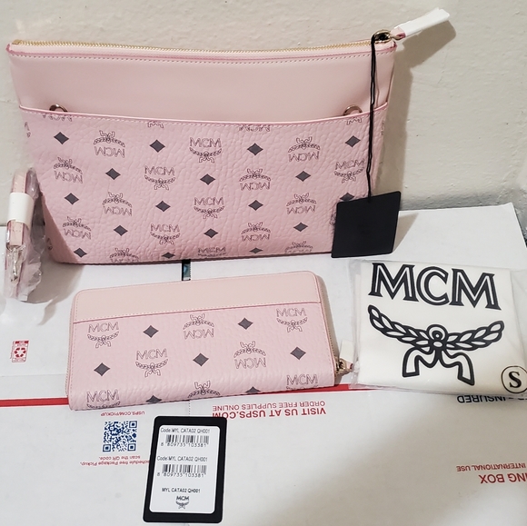 MCM Visetos Original Authentic Crossbody Bag Pouch Powder Pink & Wallet Combo - Picture 2 of 13